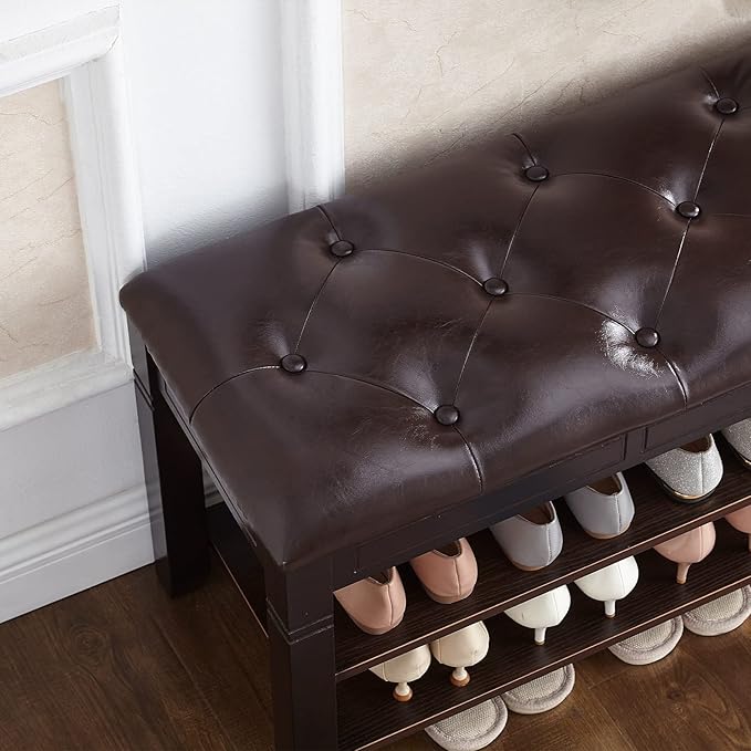 Shoe Storage Bench with Cushion, Entry Bench with Storage Solid Wood Shoe Bench Ideal for Entryway Living Room and Corridor (Brown 39.4'')