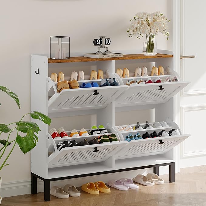 Garvee 4 Flip Drawer Shoe Cabinet with Adjustable Shelves, Hidden Shoe Organizer with Large Capacity, Freestanding Wooden Shoe Rack for Entryway, Hallway, Living Room, White