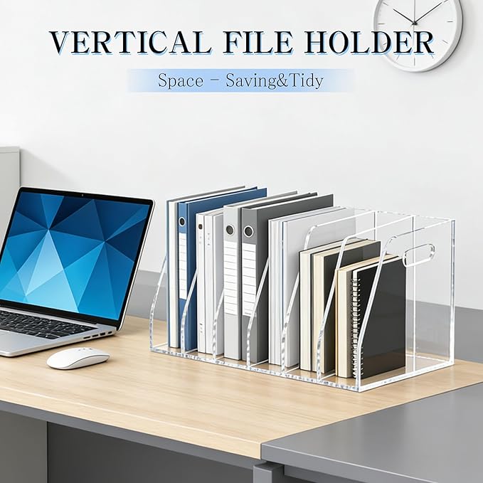 6-Tier Clear Acrylic File Holder, Vertical Document Organizer for Magazines, Binders, Notebooks & Envelopes - Multi-Purpose Desk Storage for Home Office（B5,6 Sections）