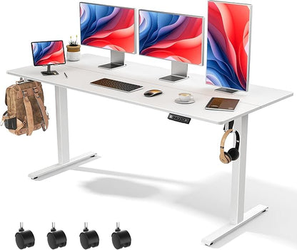 63 x 28 inch Electric Standing Desk Adjustable Height with 4 Wheels, 4 Memory Height Settings, 2 Headphone Hook, for Home Office, White