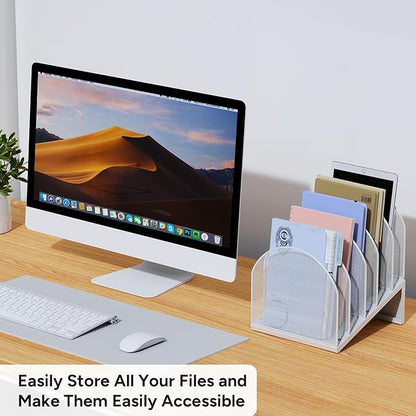5-Section Desk File Organizer, Metal Mesh Folder Organizer for Documents, Mail & Office Papers (White)