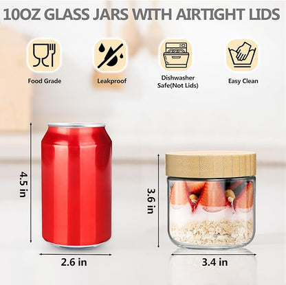 TBWIND 4 Pack 10oz Glass Jars with Bamboo Lids, Spoons, Airtight Overnight Oats Containers, Wide Mouth Mason Jars, Food Storage Container for Yogurt Salad Snacks Spice Sugar Meal Prep – Reusable