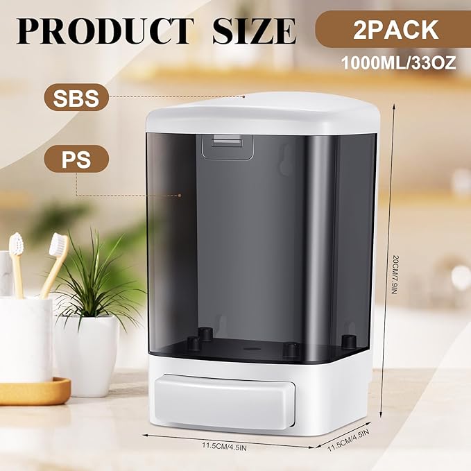 Hushee 2 Pcs Commercial Soap Dispenser Hand Wall Mounted Bathroom 33.8oz/1000ml Manual Soap Dispenser Liquid Containers with Pump Black Shower Plastic Wash Wall Container Shampoo Gel for Kitchen Hotel