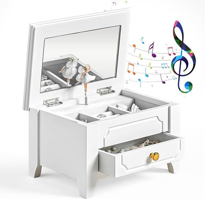 Kids Musical Jewelry Box with Lock and Mirror, Wooden Jewelry Organizer with Spinning Ballerina and You Are My Sunshine Music, Home Decor & Gifts for Girls (White, Medium)