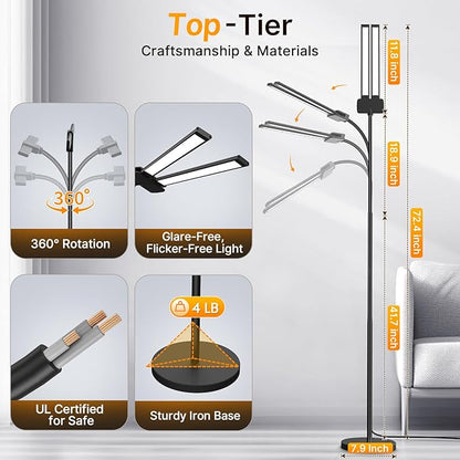 Syrinx LED Floor Lamp, 14W 2000LM Bright Floor Lamp for Office, Gesture & Remote Control, Dual Head Goose-Neck Standing Lamp, Dimmable Brightness & Color Temp, Eye Caring Reading Light for Living Room