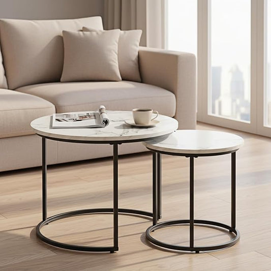 Round Nesting Coffee Table Set of 2, Modern Marble Pattern Wooden Nesting Tables, Stacking Minimalist End Table for Living Room Bedroom Small Space, White and Black