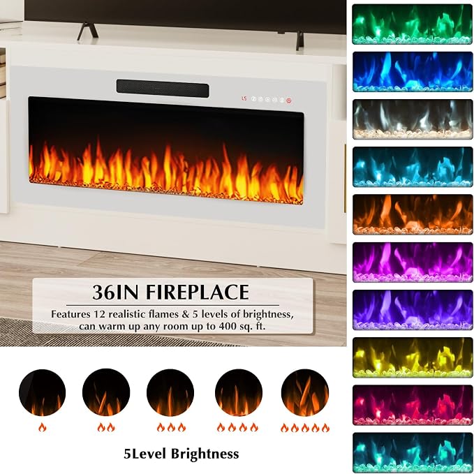 LEMBERI 70" TV Stand with 36" White Electric Fireplace, 750W/1500W Entertainment Center for TVs up to 80", 20-Color LED, 300lbs Max Capacity High Gloss Cabinet Console, All-White Style