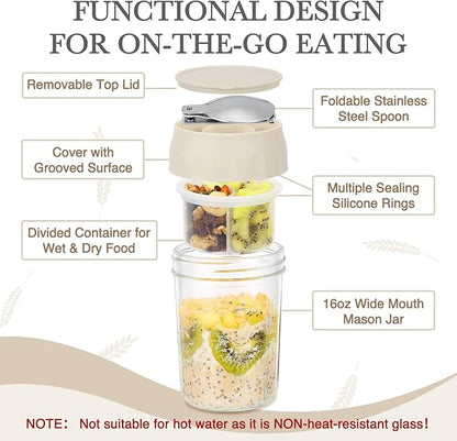 SOLIGT 2 Pack Overnight Oats Containers with Lids, Folding Spoons and Divided Compartments for Fruit & Nuts, Small Glass 16oz Mason Jars for Oatmeal Yogurt Parfait (2 Set-Oat White/Oat White)