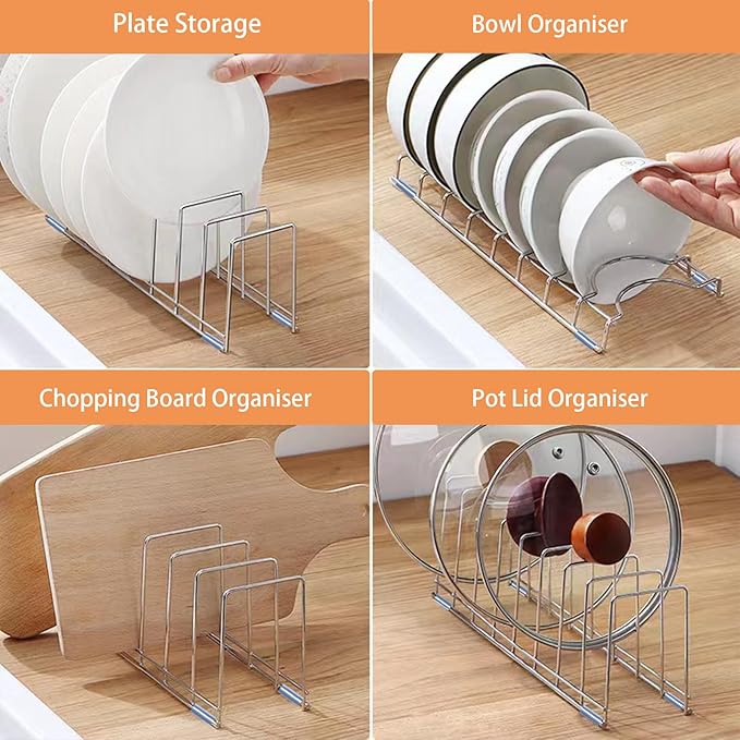 Dish Drying Rack, Kitchen Counter Storage, Stainless Steel Pot Lid Holder, Cutlery Organizer, 8-Compartment Cutting Board Drying Rack or Cabinet-Style Kitchen Storage Rack (2-Piece Set)
