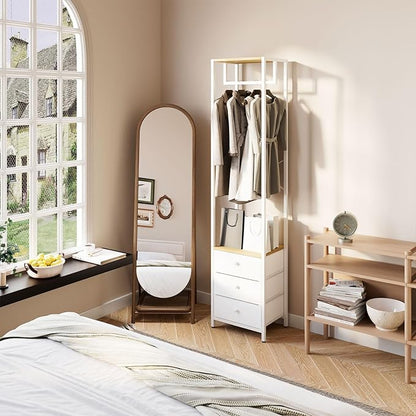 YMYNY Garment Rack, Clothes Rack with Drawers, Freestanding Tall Closet Organizer with 3 Fabric Drawers, Clothes Stand for Hanging Shirts, Coat,15.35" L×11.41" W×70.47" H Wood Color&White UHGR001R