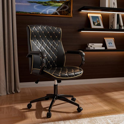 Black Office Chair with Soft Leather Embroidery, Mid Back Vintage Swivel Executive Desk Chair with Wheels and Padded Arms, Adjustable Height