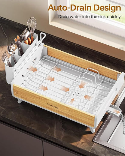 Urackify Dish Drying Rack for Kitchen Counter - Stainless Steel & Bamboo Dish Rack with Large Removable Utensil Holder, Dish Drainer with Adjustable Automatic Spout, White