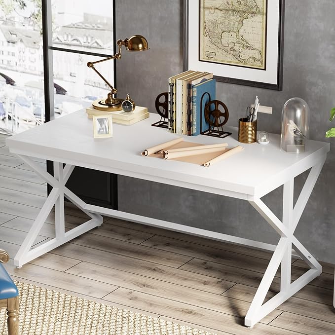 IBF Modern White Computer Desk, Industrial Long Home Office Desk for Student, Large Metal Wood Writing Study Work Desks, Farmhouse Executive Gaming Computer Table for Bedroom Living Room, White, 60 In