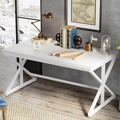 IBF Modern White Computer Desk, Industrial Long Home Office Desk for Student, Large Metal Wood Writing Study Work Desks, Farmhouse Executive Gaming Computer Table for Bedroom Living Room, White, 60 In