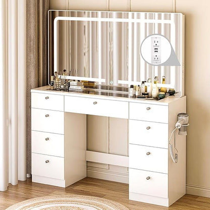 Vanity with Lighted Mirror, Glass Top Makeup Vanity Desk with Power Outlet and 9 Drawers, 3 Color Lighting Modes Adjustable Dresser for Bedroom, White