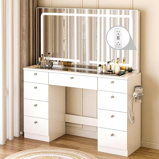 Vanity with Lighted Mirror, Glass Top Makeup Vanity Desk with Power Outlet and 9 Drawers, 3 Color Lighting Modes Adjustable Dresser for Bedroom, White