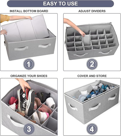 Moteph Shoe Organizer Closet Storage Solution with Clear Cover & Adjustable Dividers for Shoes, Handbags, Blankets, Linen, Clothing (Large - 24 Pairs, Grey)