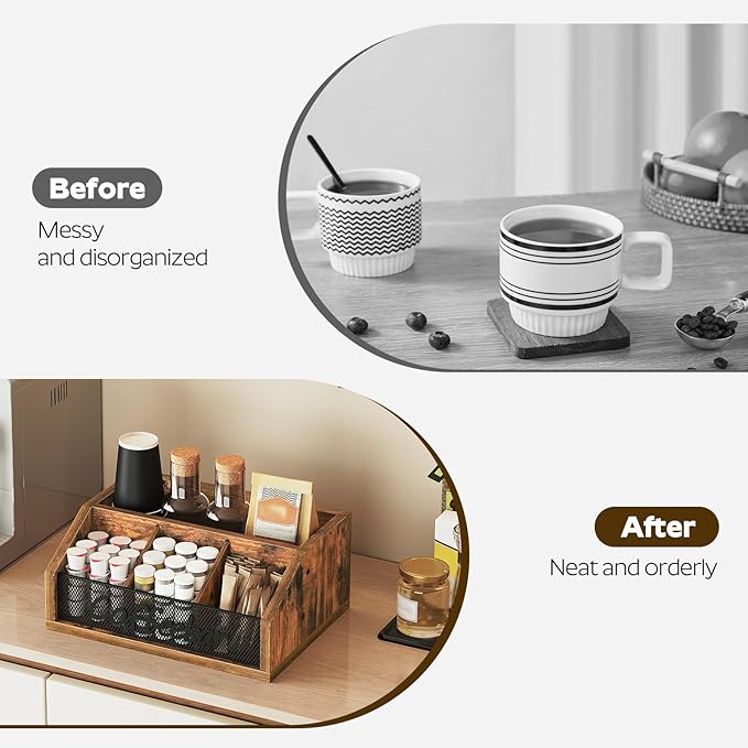 YATINEY Coffee Pod Organizer, Wooden Coffee Bar Organizer for Countertop, Versatile Pod Holder with Dividers, Holds Syrup, Cups, Tea Bags, Easy Assembly, Rustic Brown KH11BR