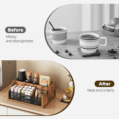 YATINEY Coffee Pod Organizer, Wooden Coffee Bar Organizer for Countertop, Versatile Pod Holder with Dividers, Holds Syrup, Cups, Tea Bags, Easy Assembly, Rustic Brown KH11BR