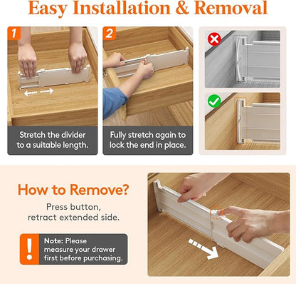 Lifewit 5 Pack Drawer Dividers for Clothes, 4" High 10.5"-16.5" Expandable Dresser Drawer Organizers, Adjustable White Plastic Separators for Kitchen, Cabinet, Nursery, Socks & Underwear Storage