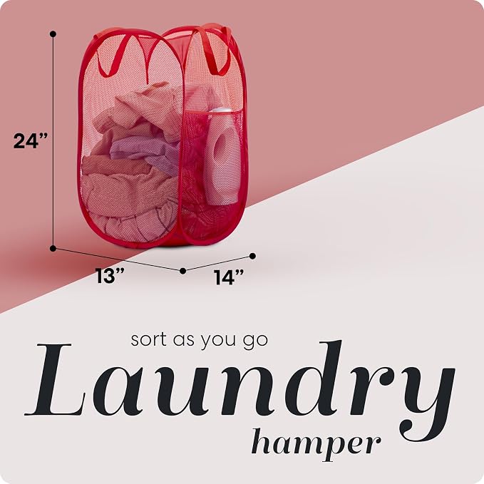 Handy Laundry Collapsible Mesh Pop Up Laundry Hamper 2-Pack – Space-Saving, Breathable Basket with Wide Opening & Side Pocket, Durable & Foldable for Clothes, Storage, Travel, Dorm, Red