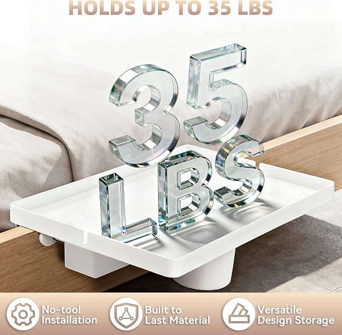 Bedside Shelf Dorm Bunk Bed, Bedside Caddy Shelf Dorm Bed, No Drill College Nightstand Organizer for Personal Items Books Glasses Apartment Bedroom Compact Space Solution Large+White