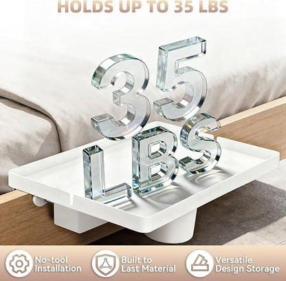 Bedside Shelf Dorm Bunk Bed, Bedside Caddy Shelf Dorm Bed, No Drill College Nightstand Organizer for Personal Items Books Glasses Apartment Bedroom Compact Space Solution Large+White