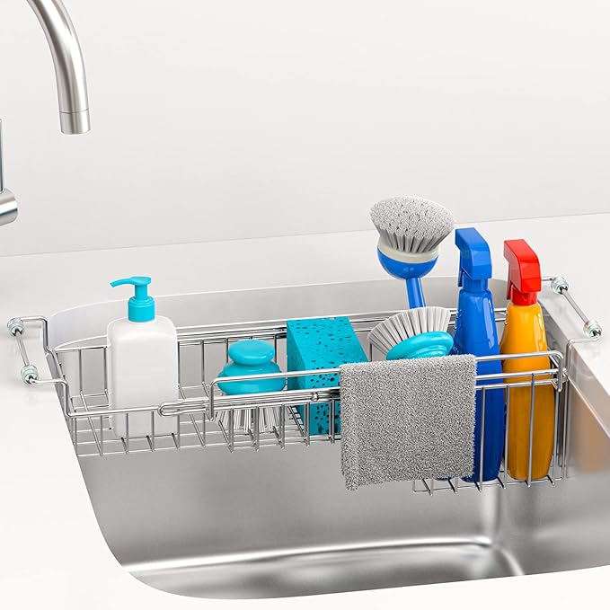 FavoThings Over The Kitchen Sink Caddy Sponge Holder Organizer Drying Rack Expandable for Sponge Brush Soap Dish Cloth Rag Smaller 12.25" to 17.25", Stainless Steel