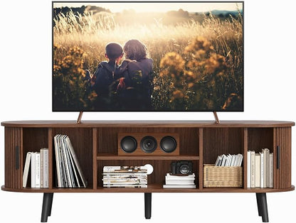 ChooChoo Mid Century Modern TV Stand for TVs up to 60 Inch, Entertainment Center with Fluted Sliding Doors and Hidden Storage, TV Console with Adjustable Shelf for Living Room, Bedroom, Walnut
