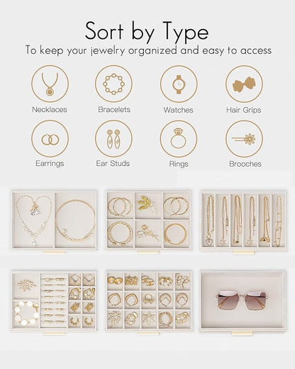 Vlando 6 Layer Jewelry Box for Women, Glass Lid Jewelry Organizer with 6 Drawers for Necklaces Rings Earrings Bracelets - Cloud White