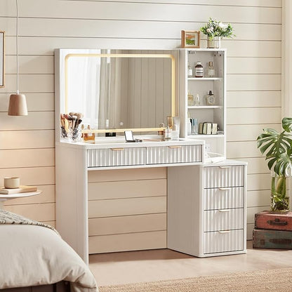 LEYAOYAO Vanity Desk with Mirror and Lights, 43.5'' Fluted Makeup Vanity with 6 Drawers and Adjustable Shelves, Wood TC Make Up Vanity Dressing Table with Glass Top and Power Outlet for Bedroom