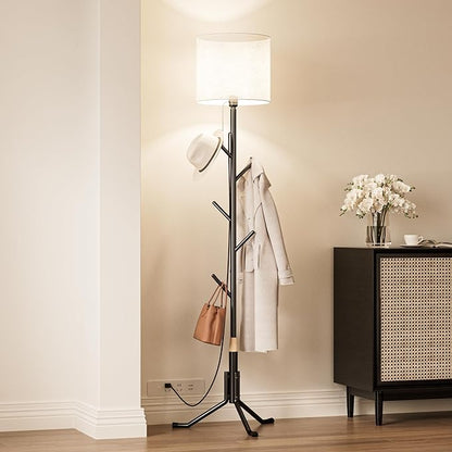 Coat Rack Freestanding Coat Tree with Floor Light, Metal Tall Entryway Coat Stand with 5 Hooks, Slim Modern Black Coat Hanger for Bedroom, Hallway, Office and Small Spaces