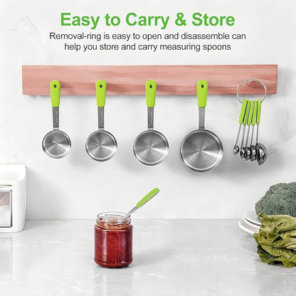 Measuring Cups and Spoons Set Stainless Steel 10 Piece for Cooking and Baking (5 Cups + 5 Spoons, Green Handle)