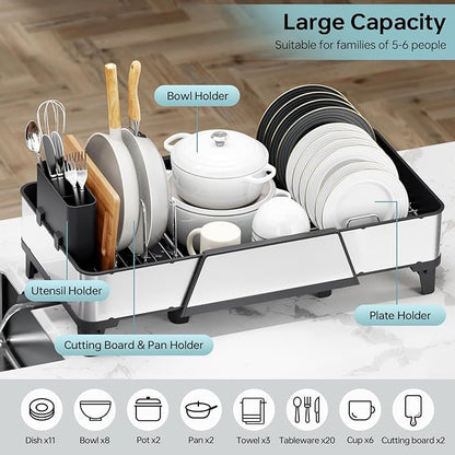 Urackify Large Dish Drying Rack - Triple Expandable Dish Rack for Kitchen Counter, Stainless Steel Sink Organization and Storage Essentials with Utensil & Pans Holder for Home and Appartment, Black