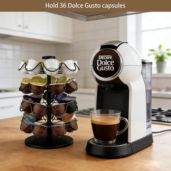 360° Rotating Coffee Pod Holder, Metal Capsule Storage Organizer for K-Cup, Nespresso Vertuo, Dolce Gusto, 36 Pod Capacity Countertop Space-Saving Carousel Stand