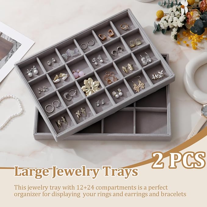 Large Velvet Jewelry Tray 2 Pack Stackable Jewelry Display Drawer Inserts Trays Organizer for Earring Bracelet Necklace Ring (Gray, 12 Grids+24 Grids)