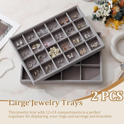 Large Velvet Jewelry Tray 2 Pack Stackable Jewelry Display Drawer Inserts Trays Organizer for Earring Bracelet Necklace Ring (Gray, 12 Grids+24 Grids)