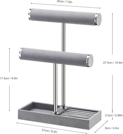 bussdis 2 Tier Bracelet Holder Display - Detachable T Bar Grey Velvet Bracelet Holder, Jewelry Holder Organizer for Bracelet, Necklace, Earrings, Rings