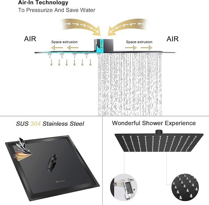 NearMoon Rain Shower Head, High Flow Stainless Steel Square Rainfall Shower, High Pressure Design, Awesome Shower Experience Even At Low Water Flow (10 Inch, Matte Black)
