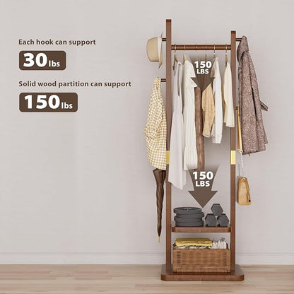 Coat Rack Freestanding Clothing Rack with 2 Shelves Storage & 5 Hooks Heavy Duty Clothes Rack Wood Coat Tree Stand Hat Hanger Rack (Walnut Brown, 18.9" x 11.8" x 70" (No Wheels))