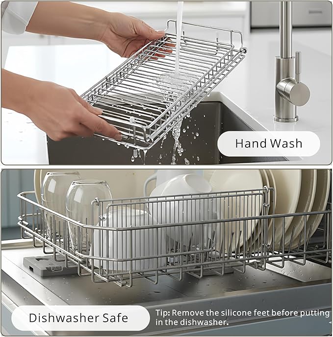 Collapsible Dish Drying Rack, 304 Stainless Steel Foldable Dish Rack with Drying Mat, 15.8" x 12.7" Space Saving Countertop Organizer for Small Kitchen, Dorm and Apartment, Silver