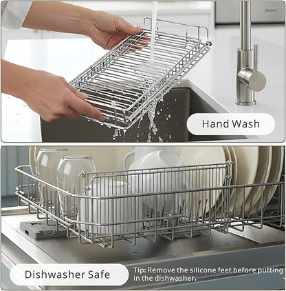 Collapsible Dish Drying Rack with Green Drying Mat, Small Expandable Dish Drying Rack, Compact Dishes Drying Rack for Kitchen Counter - Foldable, Stainless Steel, Silver