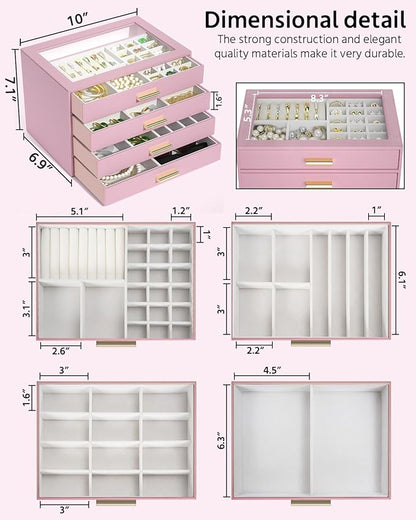 AKOZLIN Jewelry Box with Clear Lid Functional Leather Jewelry Storage Organizer Case 4 Drawers for Women Girls Necklace Ring Bracelet Earring