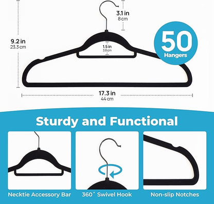 Fontaines Luxury Black Velvet Felt Non Slip Clothes Hangers 50 Pack - Ultra Slim & Space Saving - Heavy Duty Swivel Hook for Clothing, Suit, Top, Tie, Shirt, Skirt & Pant Organization