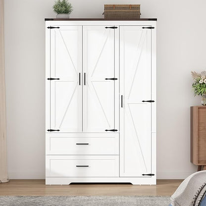 3 Doors Wardrobe Armoire Closet with Doors and Drawers, Farmhouse Wooden Armoire Storage Cabinet with Shelves & Hanging Rod for Bedroom, White