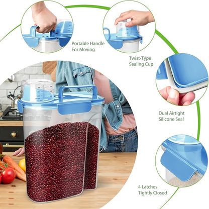 Viretec Rice Storage Container, 5 to 10lb Dry Food Airtight Dispenser, Pet Dog Cat Food Canister, BPA Free Clear Plastic Kitchen and Pantry Bin for Oatmeal, Cereal, Pasta, Flour Pack of 2 Blue