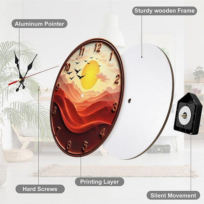 Wall Clock， Sunset Desert Landscape Non Ticking Wall Clocks Battery Operated， Red Wooden Wall Clocks for Kitchen， Living Room， Bedroom， Office， Bathroom Decorative 25 * 25cm