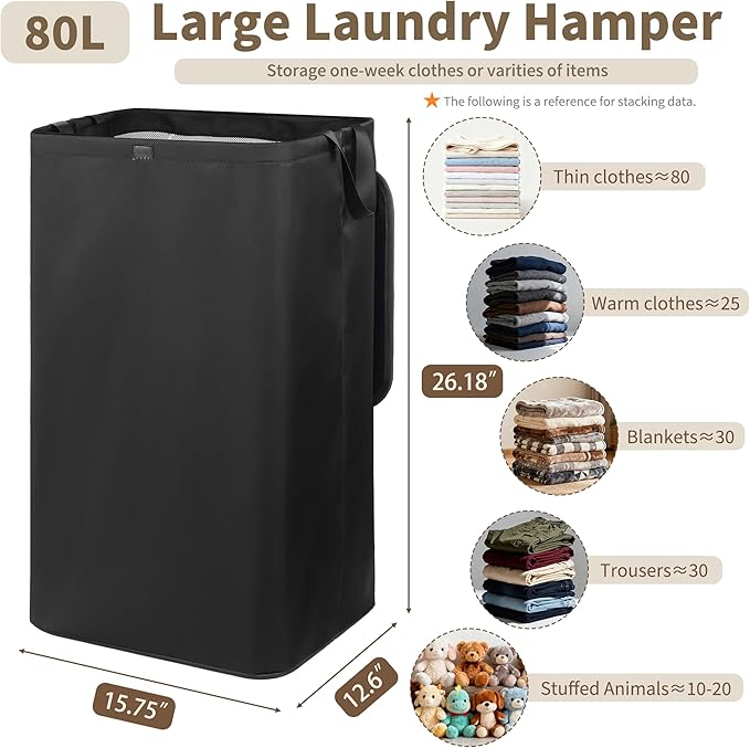 80L Large Laundry Hamper with Lid, Foldable Laundry Bag for Washing Machine with Removable Inner Bag, Dirty Hampers for Bedroom, Bathroom,Laundry Room, College (Black)