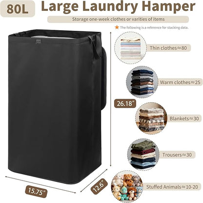 80L Large Laundry Hamper with Lid, Foldable Laundry Bag for Washing Machine with Removable Inner Bag, Dirty Hampers for Bedroom, Bathroom,Laundry Room, College (Black)