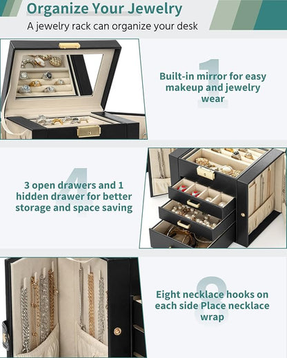 AKOZLIN 4-Tier Jewelry Box Leather Jewelry Storage Organizer with 3 Drawers Lockable for Women Girls Ring Necklace Earring Bracelet Holder with Mirror Black
